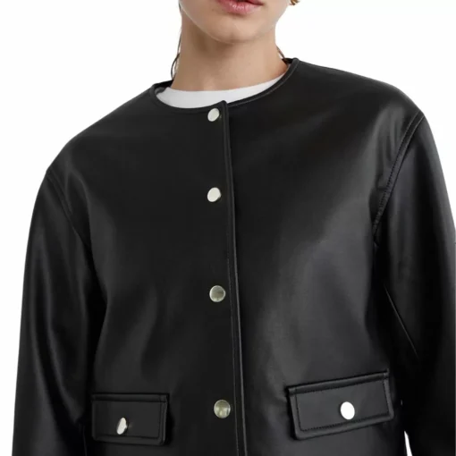 Women Black Laybin Collarless Crop Leather Jacket