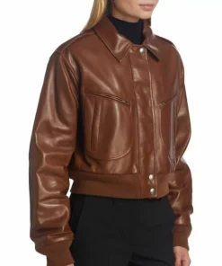 Womens Cropped Brown Leather Bomber Jacket