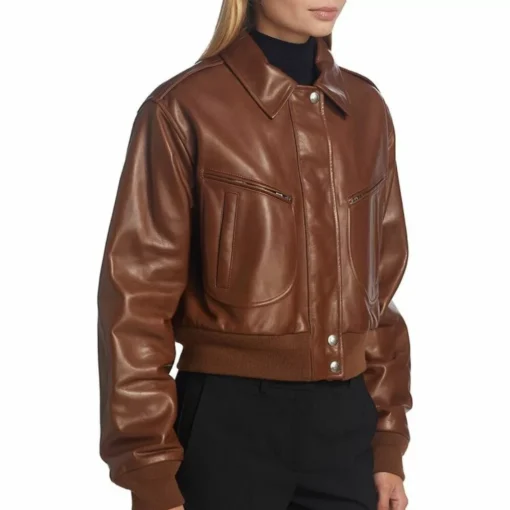 Womens Cropped Brown Leather Bomber Jacket