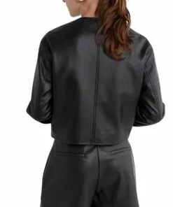 Women Black Laybin Collarless Crop Leather Jacket