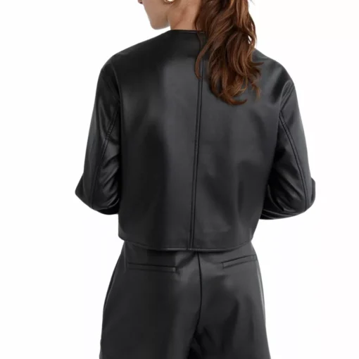 Women Black Laybin Collarless Crop Leather Jacket