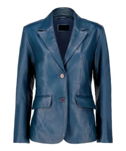 Womens Blue Two Button Leather Blazer Jacket