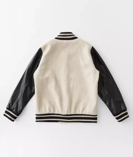 Womens Off White Varsity Jacket with Black Leather Sleeves