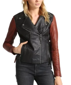 Black and Brown Moto Leather Jacket For Women