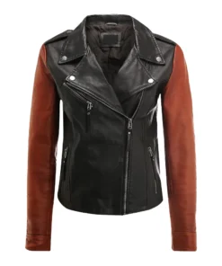 Black and Brown Moto Leather Jacket For Women
