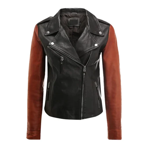 Black and Brown Moto Leather Jacket For Women