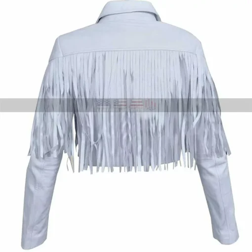 Women Crop White Fringe Leather Jacket