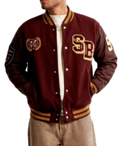James Burgundy Letterman Bomber Jacket