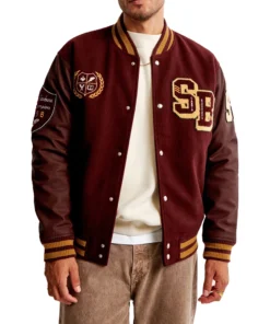 James Burgundy Letterman Bomber Jacket