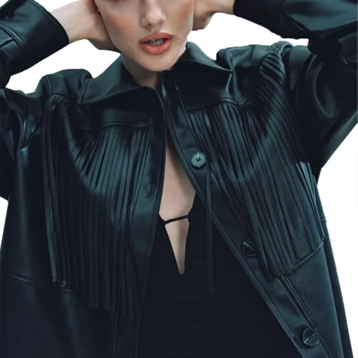 Women’s Modern Black Leather Fringe Jacket