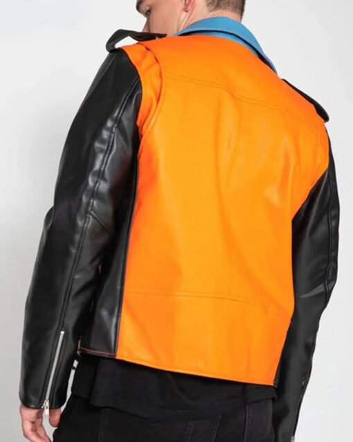 Men’s Asymmetrical Zipper Moto Style Color Block Leather Jacket