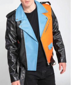Men’s Asymmetrical Zipper Moto Style Color Block Leather Jacket