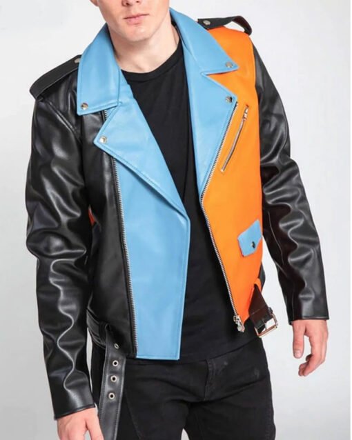 Men’s Asymmetrical Zipper Moto Style Color Block Leather Jacket