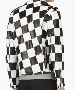 Men’s Biker Asymmetrical Zipper Checkerboard Leather Jacket