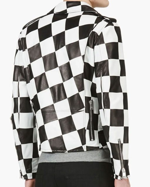 Men’s Biker Asymmetrical Zipper Checkerboard Leather Jacket