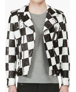 Men’s Biker Asymmetrical Zipper Checkerboard Leather Jacket