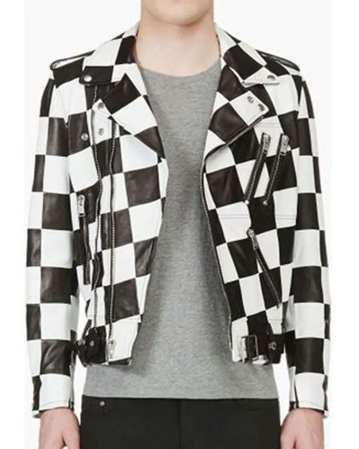 Men’s Biker Asymmetrical Zipper Checkerboard Leather Jacket