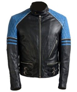 Men’s Quilted Biker Stylish Black and Blue Leather Jacket