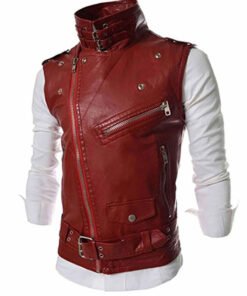 Men’s Slim Fit Biker Asymmetrical Zipper Red Leather Vest