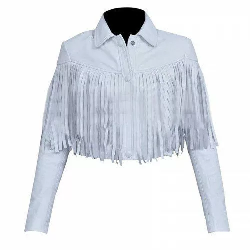 Women Crop White Fringe Leather Jacket
