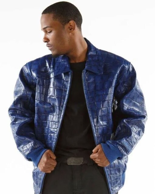 Pelle Pelle Mens Crocodile Skin Blue Leather Jacket