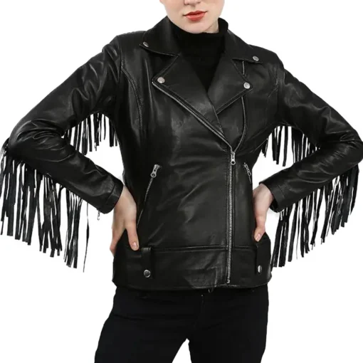 Black Leather Fringe Jacket for Women
