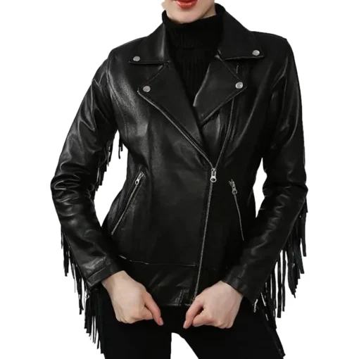 Black Leather Fringe Jacket for Women