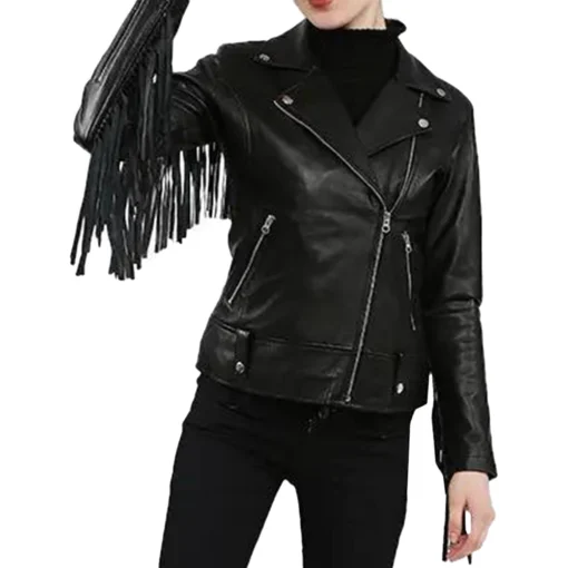 Black Leather Fringe Jacket for Women