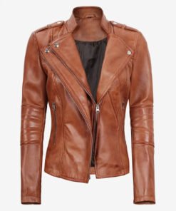 Womens Tan Leather Biker Jacket