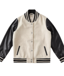 Womens Off White Varsity Jacket with Black Leather Sleeves