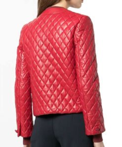 Women’s Collarless Quilted Red Leather Jacket