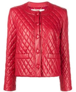 Women’s Collarless Quilted Red Leather Jacket