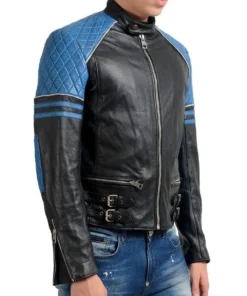 Men’s Quilted Biker Stylish Black and Blue Leather Jacket