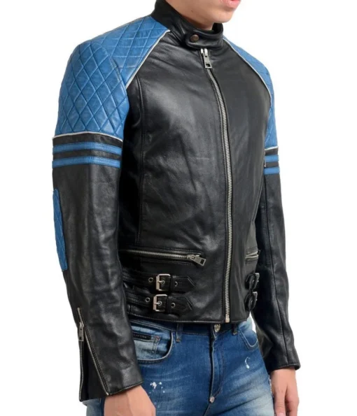 Men’s Quilted Biker Stylish Black and Blue Leather Jacket