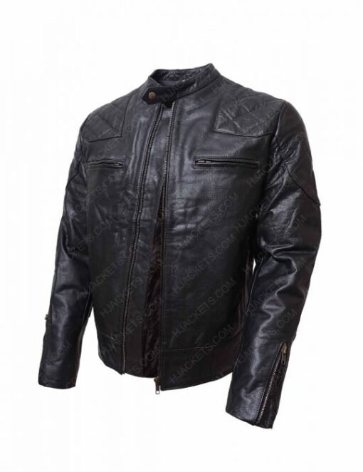 Black Biker Shoulder Quilted Leather Jacket