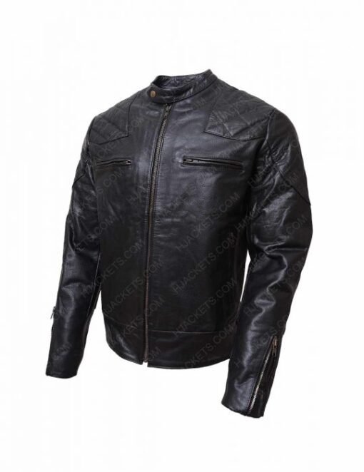Black Biker Shoulder Quilted Leather Jacket