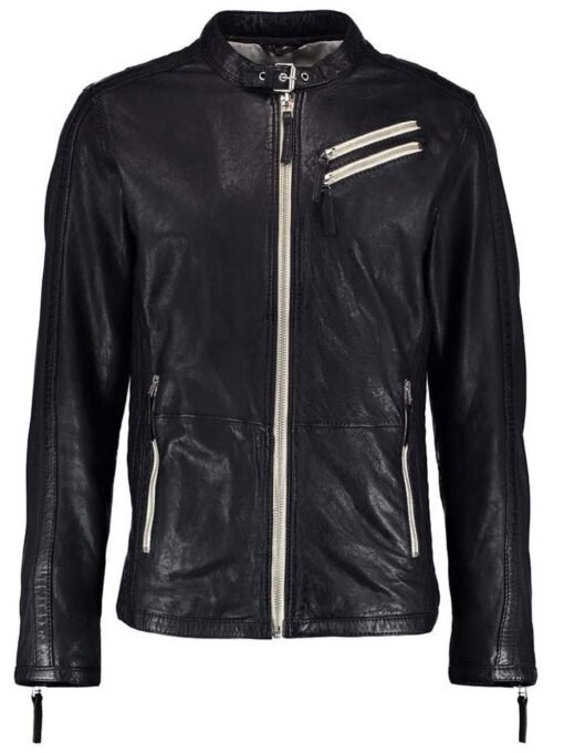 Men’s HJM274 White Zipper Black Leather Motorcycle Jacket