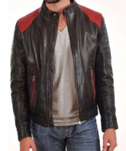 Men’s HJM023 Motorcycle Red Quilted Shoulder Black Leather Jacket
