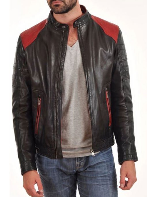 Men’s HJM023 Motorcycle Red Quilted Shoulder Black Leather Jacket