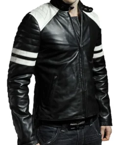 Men’s HJM009 White Striped Motorcycle Black Leather Jacket
