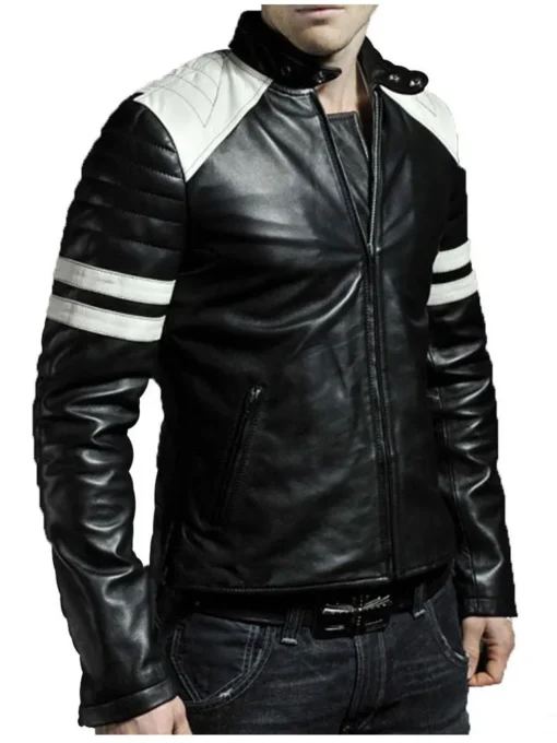 Men’s HJM009 White Striped Motorcycle Black Leather Jacket