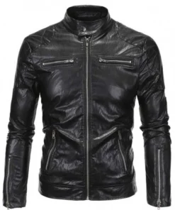 Men’s Biker Zipper Pockets Black Faux Leather Jacket