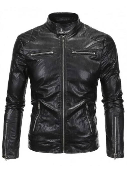 Men’s Biker Zipper Pockets Black Faux Leather Jacket