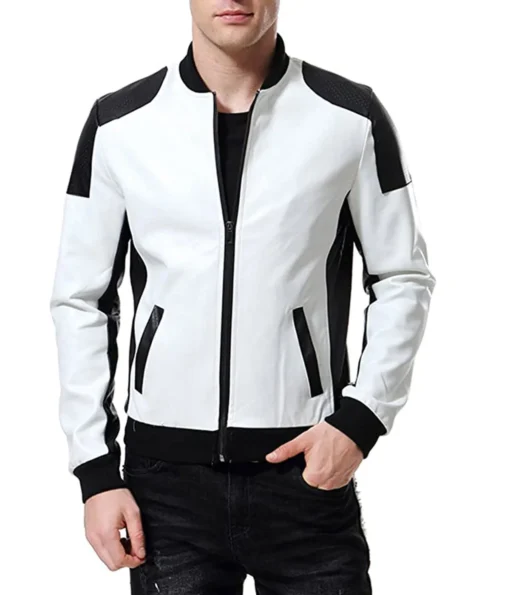 Men’s Biker Black and White Bomber Leather Jacket