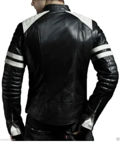 Men’s HJM009 White Striped Motorcycle Black Leather Jacket
