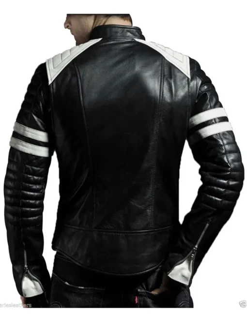 Men’s HJM009 White Striped Motorcycle Black Leather Jacket
