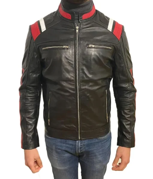 Men’s Retro Style Zipper Black Biker Real Leather Jacket