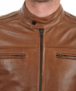 Men’s HJM010 Cafe Racer Motorcycle Brown Leather Jacket