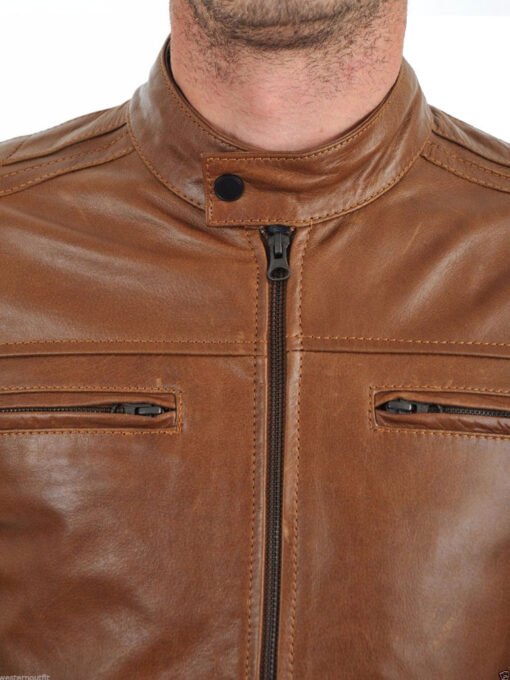 Men’s HJM010 Cafe Racer Motorcycle Brown Leather Jacket