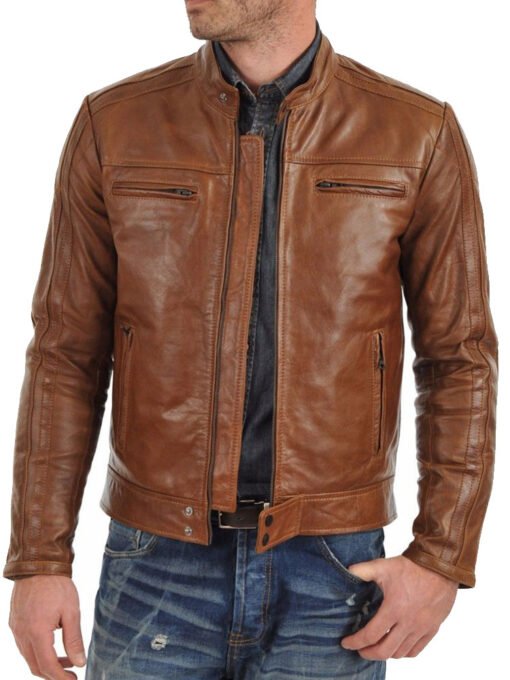 Men’s HJM010 Cafe Racer Motorcycle Brown Leather Jacket